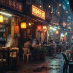Cozy Jakarta neighborhood warung at night with warm yellow neon glow, plastic tables outside, soft rain reflections on wet street, quiet urban dining spot that feels familiar and personal