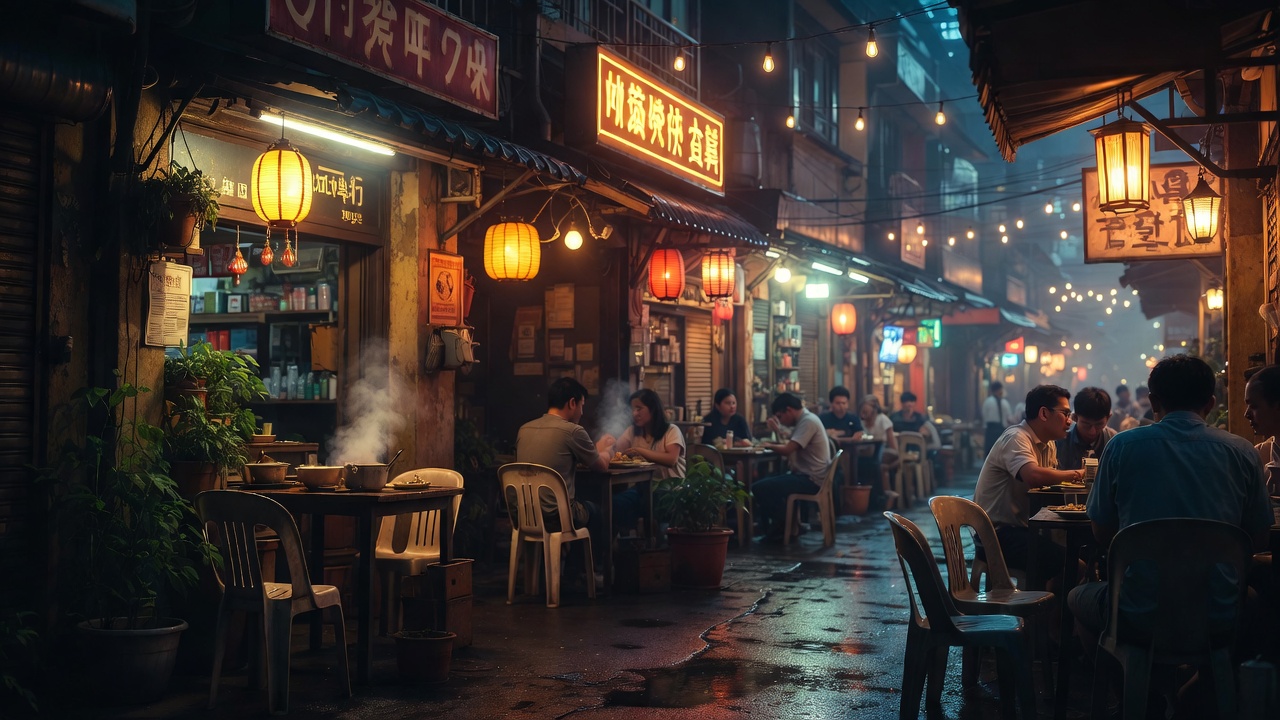Cozy Jakarta neighborhood warung at night with warm yellow neon glow, plastic tables outside, soft rain reflections on wet street, quiet urban dining spot that feels familiar and personal