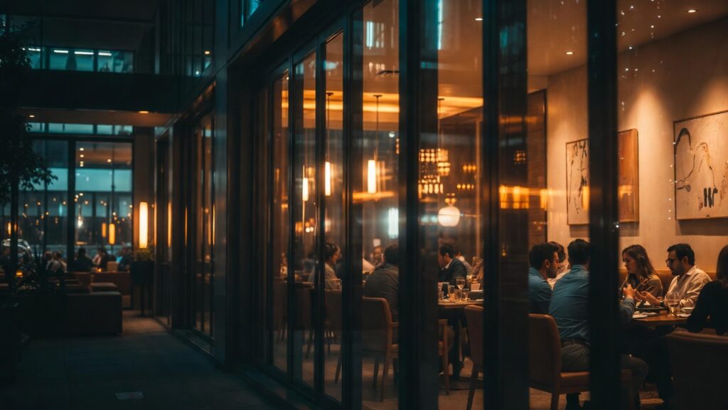 warm elegant restaurant interior at night with diners and city reflections